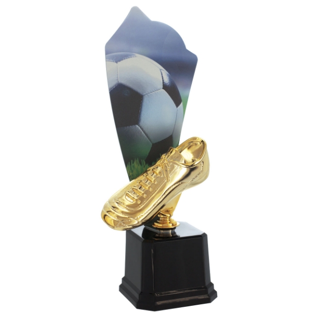 Imagem de TROFÉU EM POLÍMERO COM CHAPA DE METAL ESTAMPADA EM VINIL E ESTATUETA DE CHUTEIRA- PERSONALIZADO - 44 CM - 402001-CH