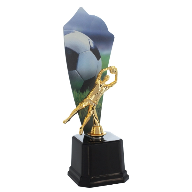 Imagem de TROFÉU EM POLÍMERO COM CHAPA DE METAL ESTAMPADA EM VINIL E ESTATUETA DE GOLEIRO - PERSONALIZADO - 38 CM - 402002-GL