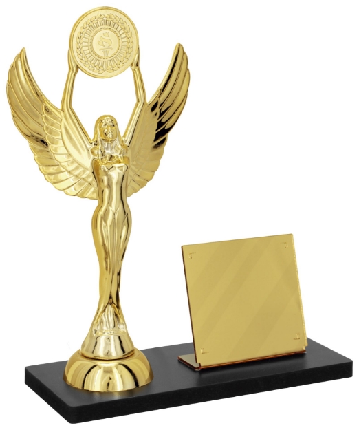Imagem de TROFÉU PARA PREMIAÇÃO GERAL COM DEUSA DA VITÓRIA, BASE DE MDF E PLACA DE ACRÍLICO ESPELHADO - PLM-270-DO-VT